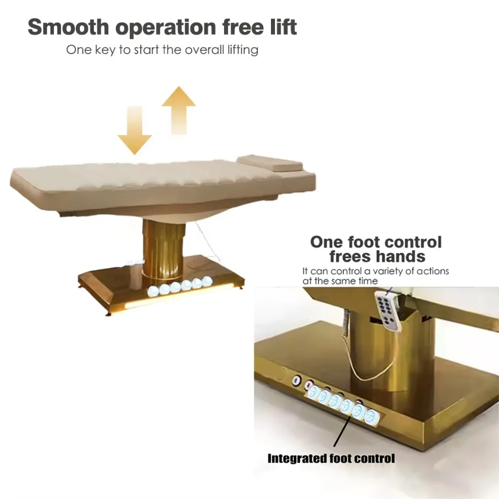 سرير الوجه الكهربائي الاحترافي الفاخر من الفولاذ المقاوم للصدأ باللون الذهبي 3 محركات سبا صالون سرير طاولة تدليك التجميل سرير التجميل #3