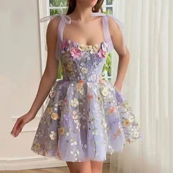Women 3D Flowers Embroidery Mesh Splice Lace Up Dress Sexy Floral Organza Pleated Suspender Dress A-Line Chiffon Dress Vestidos