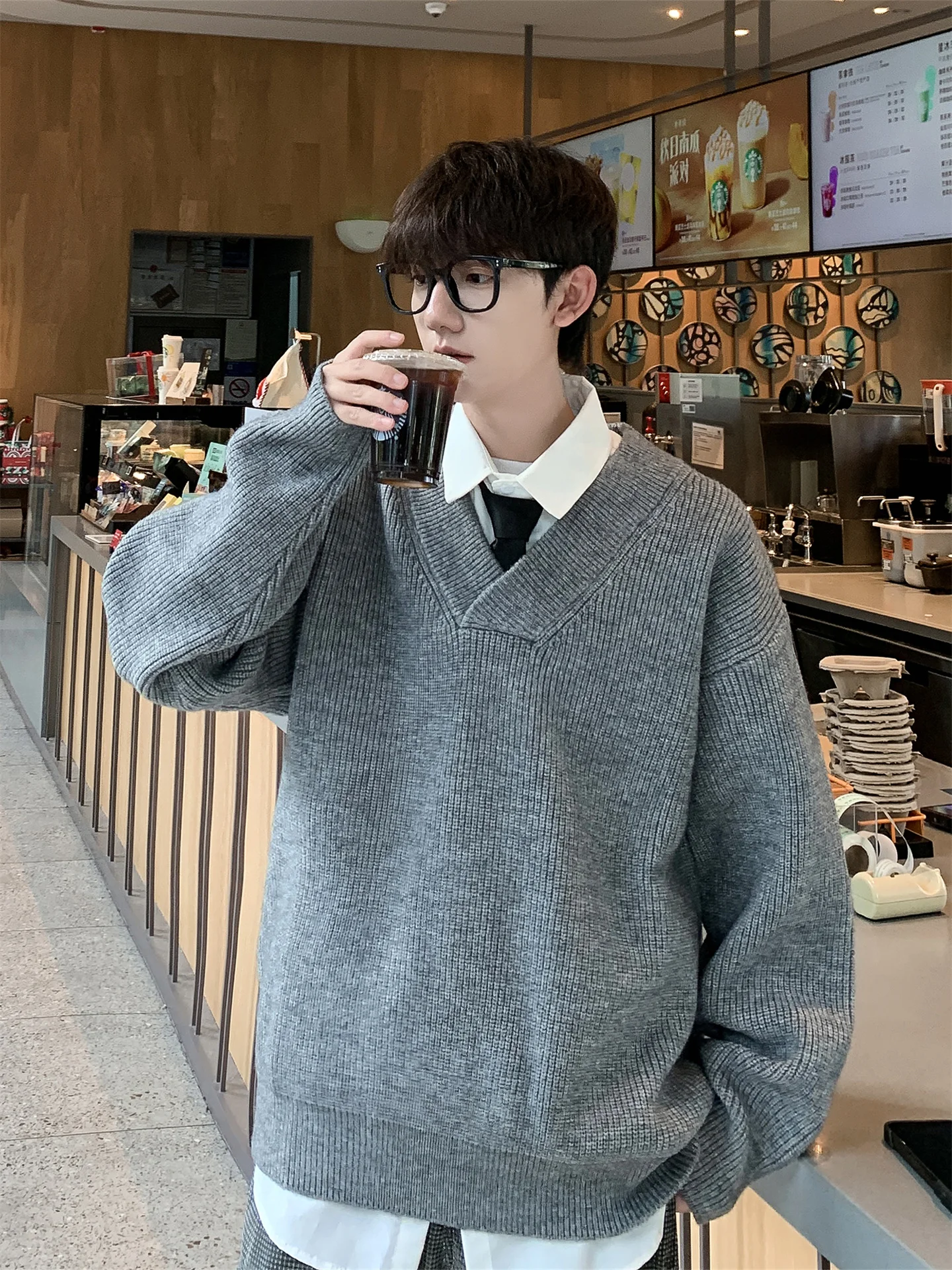 

Мужской вязаный свитер с V-образным вырезом, повседневный, для многослойных образов, базовый, молодежный, весенне-осенний, с длинным рукавом, термо.