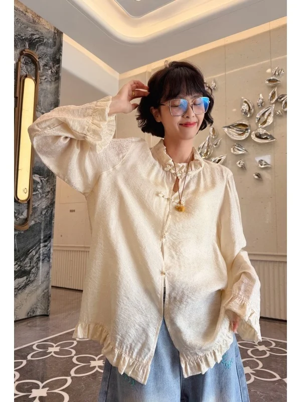 

New Chinese Sle plus Size Top with Button Detail Le Design Loose Fit Long Sve Women's irt Faionable Base Layer