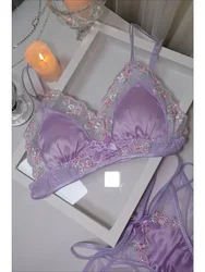 MOYISU Luxury Chinese Style Pure Desire Girl Bra Thin Triangle Cup Purple Embroidery Light Luxury Silk Sexy Lace Underwear Set
