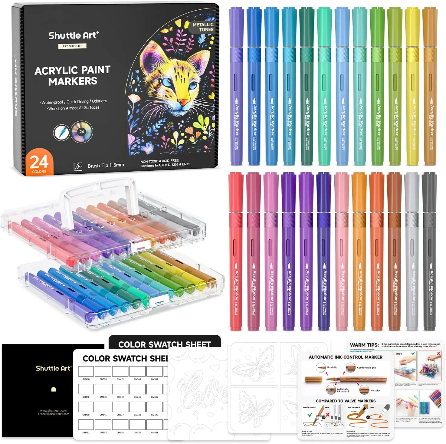 Shuttle Art Automatic Ink Control Acrylic Paint Markers, 24 Metallic Colors Brush Tip Acrylic Paint Pens for Rock Painting, Ceramic, Wood, Canvas, Glass, Stone, Fabric, Card, DIY Football Crafts
