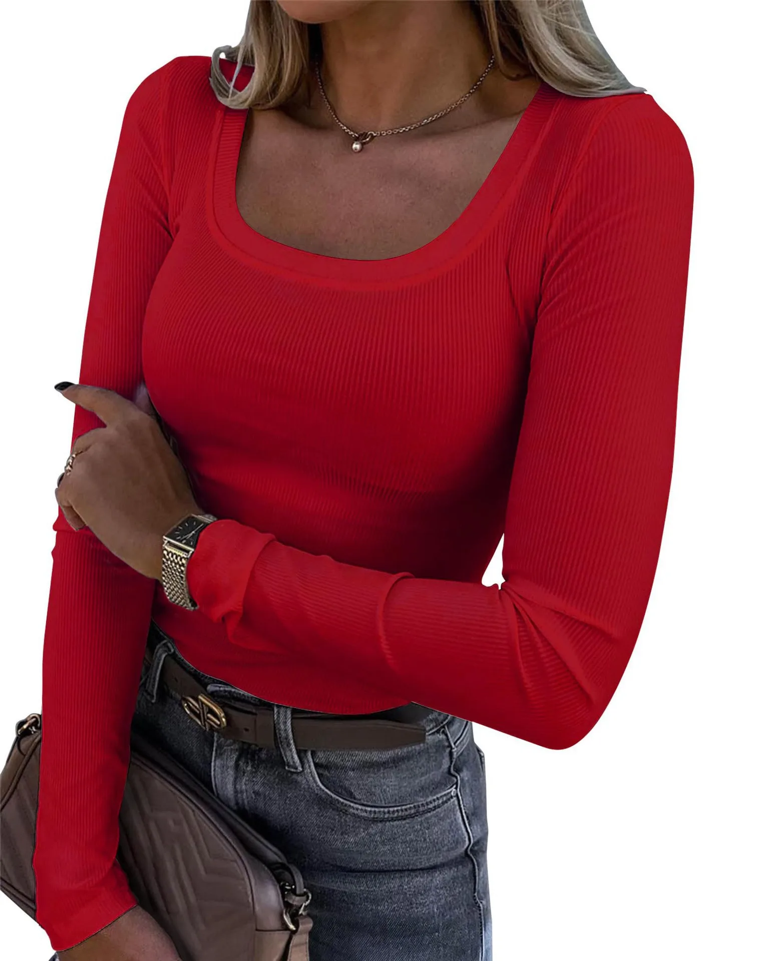 

Women's Long-sleeved T-shirt U-neck Thread Pit Strip Slim Fit Sexy Pullover Basic Fashion Solid Color Hot Girl Tees