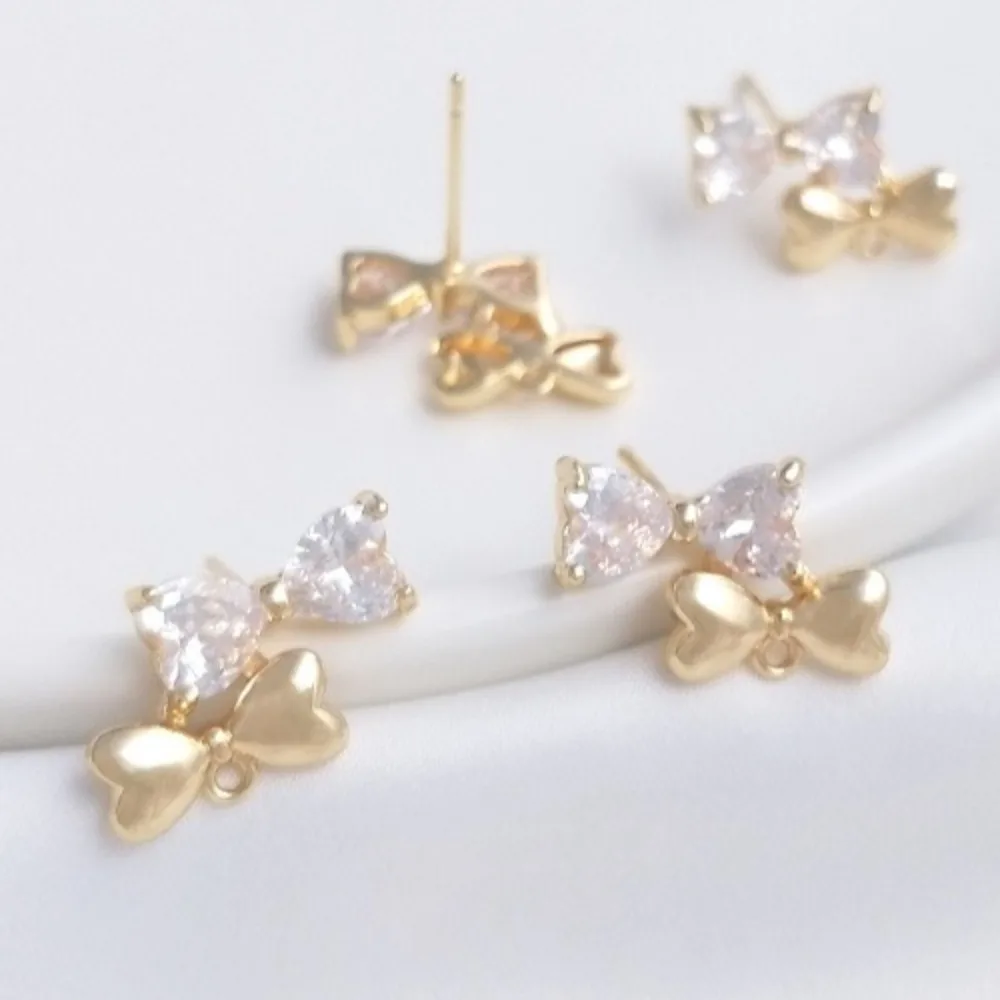 

Copper 14K Gold Color Inlaid Heart Zircon Double Bow Tie with Suspender Earrings Handmade DIY Earrings Ear Accessories