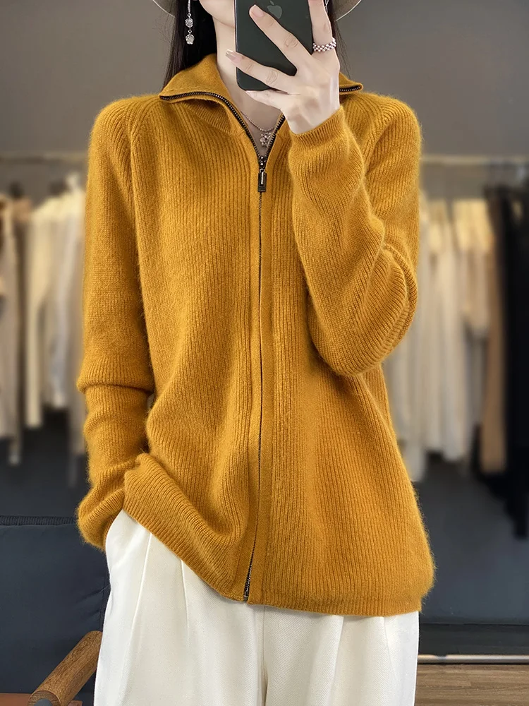 Aliselect Women Zipper Cardigan 100% Mink Cashmere Sweater Long Sleeve Casual Loose Knitted Coat Korean Fashion Thick Tops