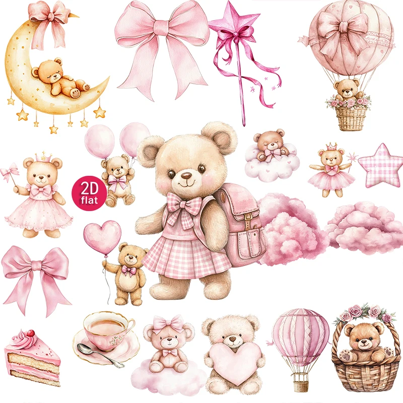 20pcs 2D flat Pink Cute Cartoon Teddy Bear, Bow Watercolor Decorative Stickers, Suitable for diaries and DIY scrapbook stickers