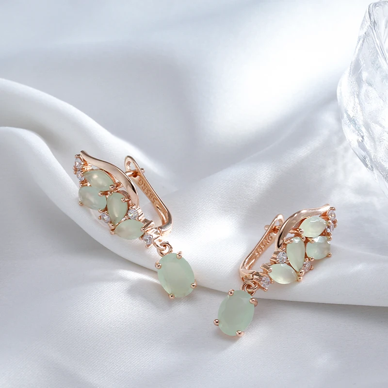 Wbmqda Luxury Fashion Green Crystal Flower Long Drop Earrings For Women 585 Rose Gold Color Ethnic Wedding Fine Zircon Jewelry