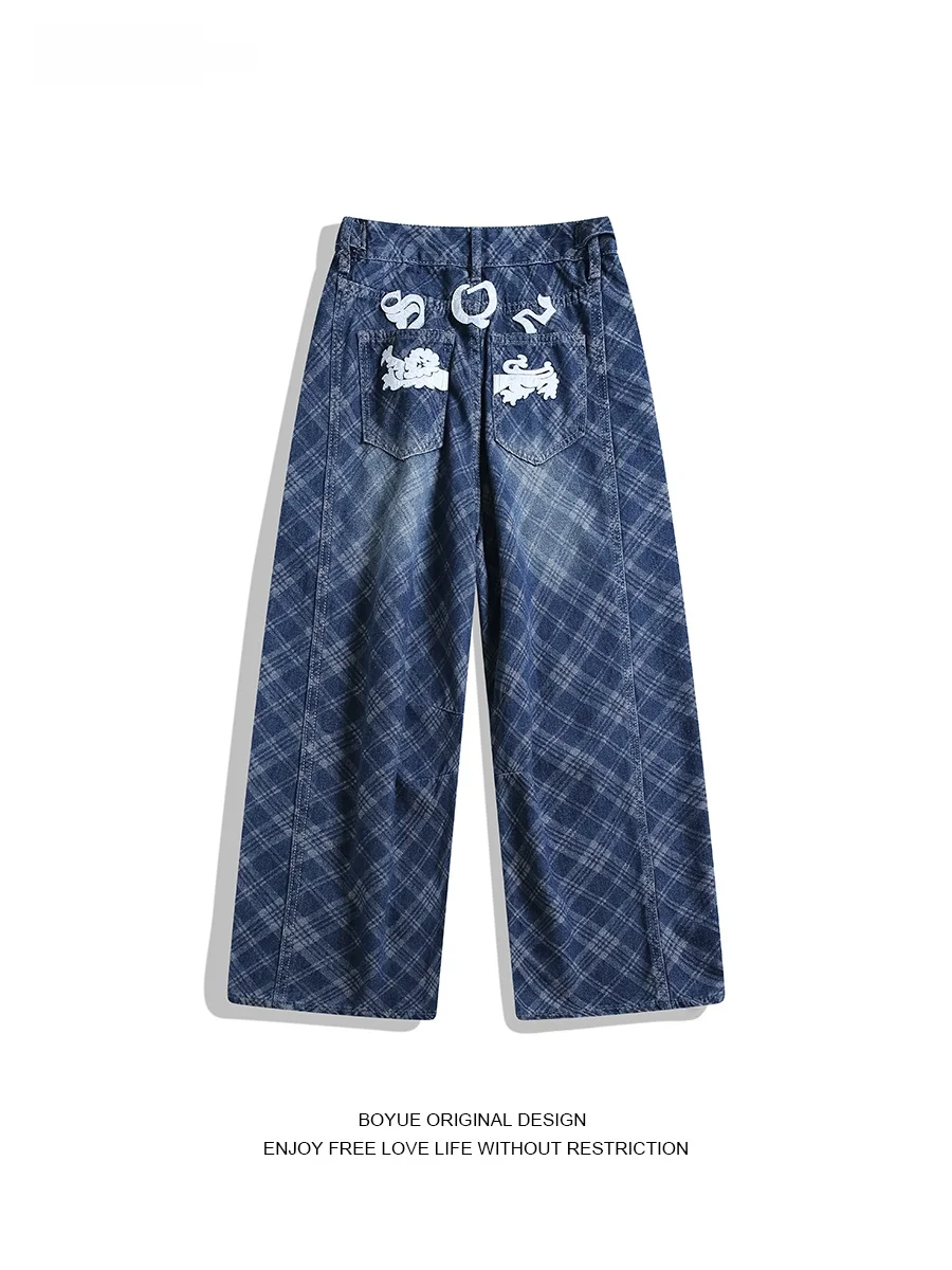 

Boyue American Retro Plaid Wide Leg Jeans Men's Women's Casual Skin-Fitting High Street Versatile Long Trousers