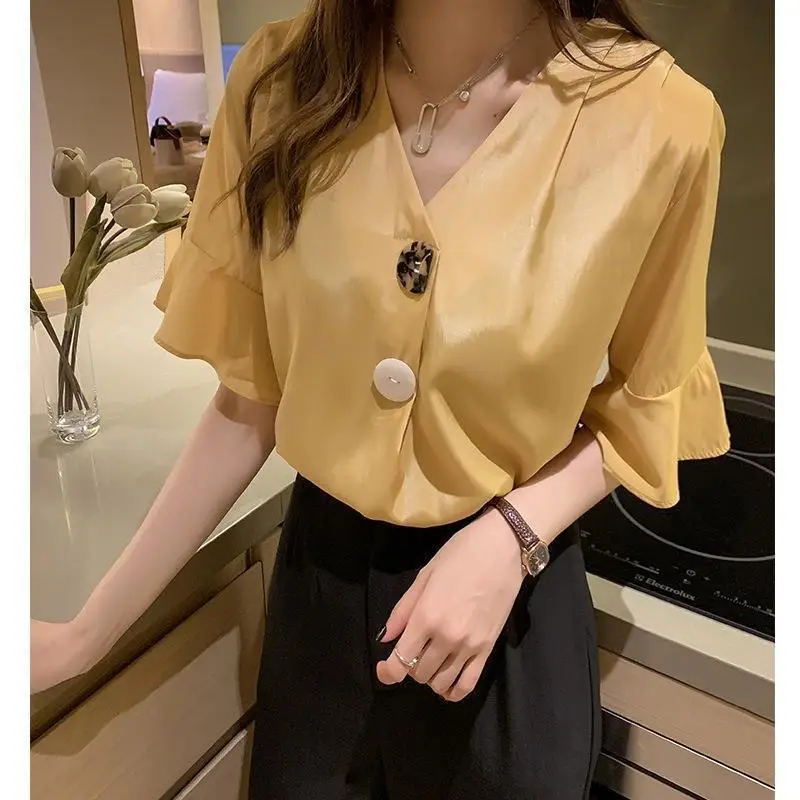 

Loose Women's Summer Shirt V-Neck Short Sleeve Chiffon Top Fashionable Korean Style Casual Wear Polyester Fiber Pure Color