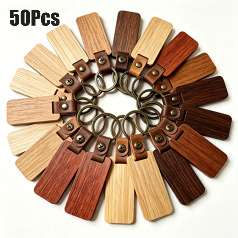 50Pcs Blank Wood Key Tags Rectangle Unfinished Wooden Keychains with Leather Loop & Metal Keyrings