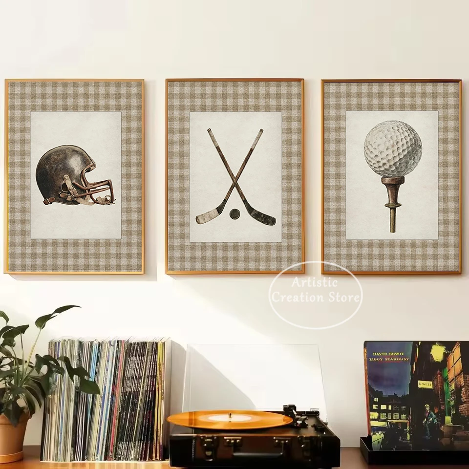 Vintage Hockey Football Baseball Sports Plaid Pattern Poster Canvas Painting Wall Art Pictures Home Boy's Room Decor Gift