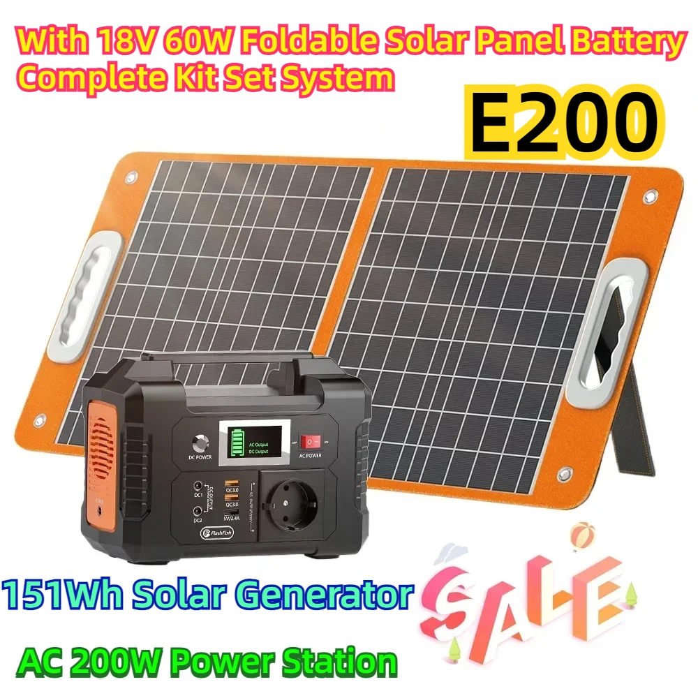 

With 18V 60W Foldable Solar Panel Battery Complete Kit Set System 151Wh Solar Generator AC 200W Power Station E200