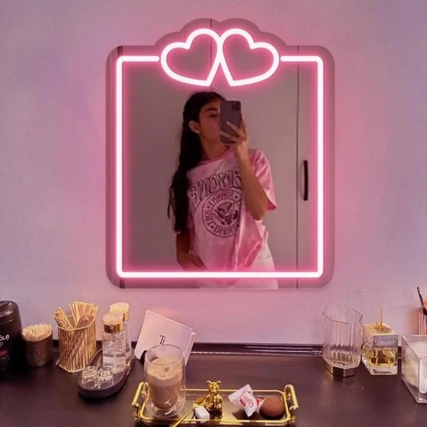 ハートミラーネオンライトサイン-usb調光式ledネオンサイン-寝室-リビングルーム-クラブ-バー-マンケイブ-パーティーギフト-壁飾り-﻿