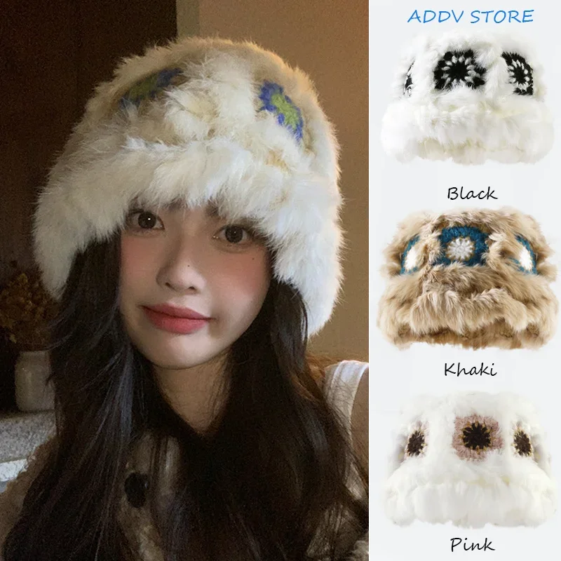 

Y2K Rabbit Fur Lion Hat: Chinese Style Knitted Bucket Hat with Cute Furry Tiger Head for Women's Winter Fashion