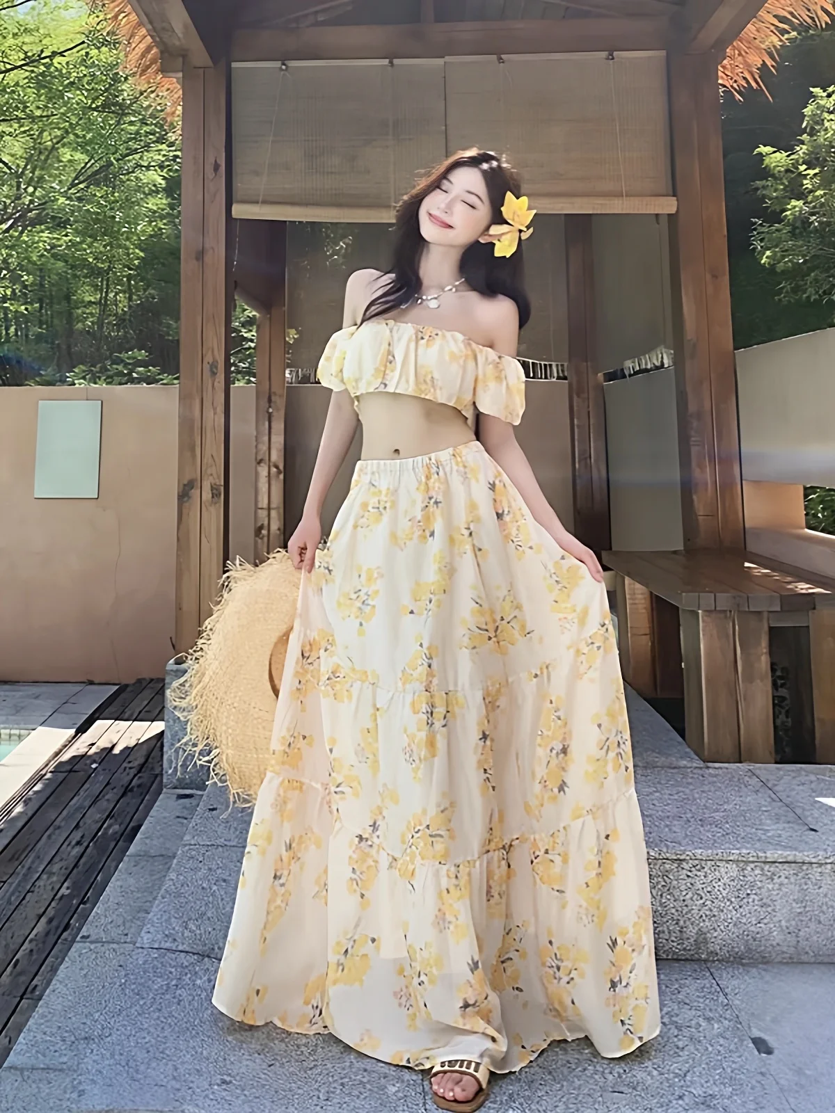 

Beach Vacation Floral Print Two-Piece Set Sweet Strapless Dress And High Waist Skirt Travel Outfit Casual Summer Dress