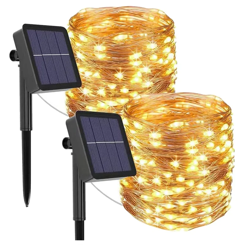 LED Solar Fairy Lights Zewnętrzne lampki solarne, 12M 120LED Fairy Lights z drutu miedzianego, wodoodporne 2 szt. Ciepłe