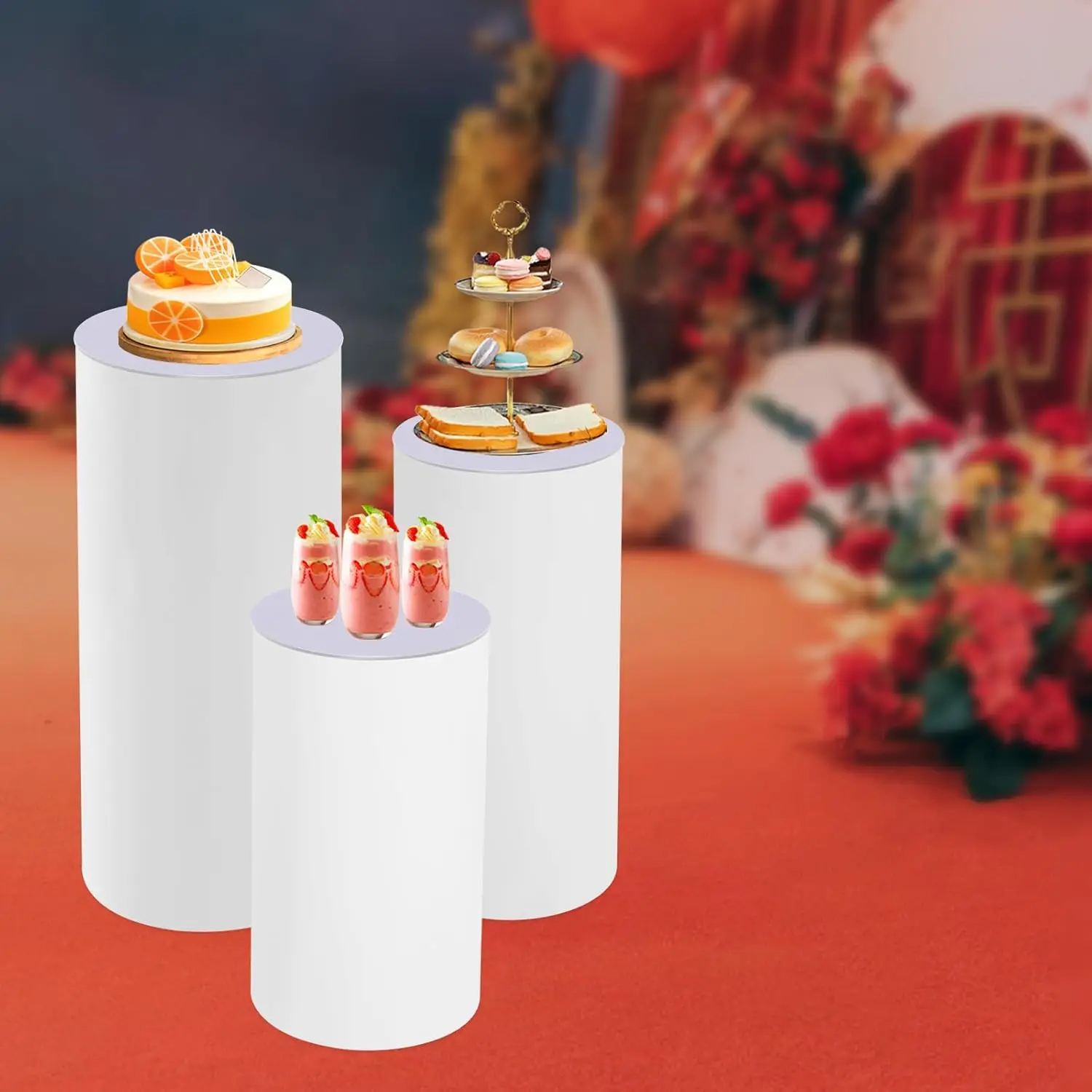 

NEWEST Set of 3 Cylinder Pedestal Stands, Display Box Stand Stretchable Cylinders Covers, for Wedding Birthday Party Art Decor