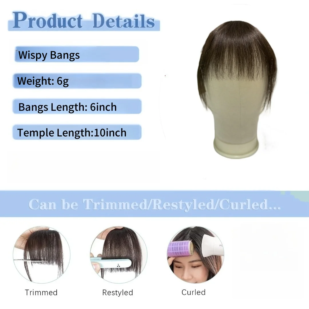 Clip en flequillo de aire 100% flequillo de cabello humano flequillo fino con patillas flequillo falso postizos naturales para mujeres cabello con flequillo