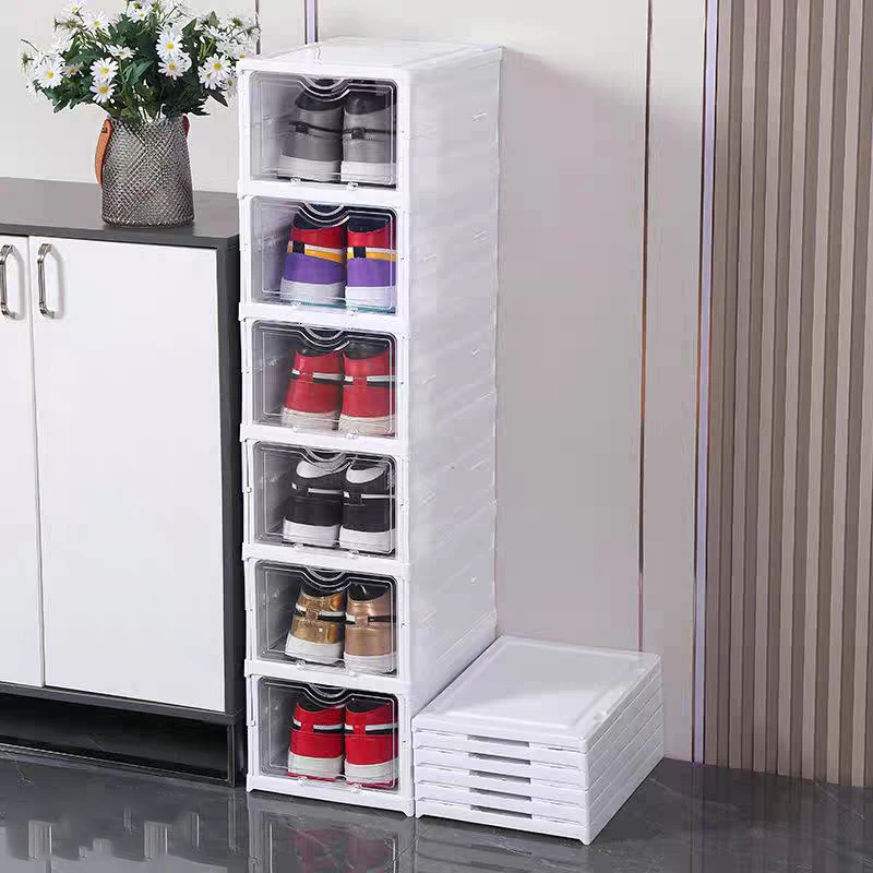 

1 Tier Stackable Foldable Transparent Sneaker Container Storage Organizers Dustproof High-top Cabinet Folding Shoe Rack Shelf