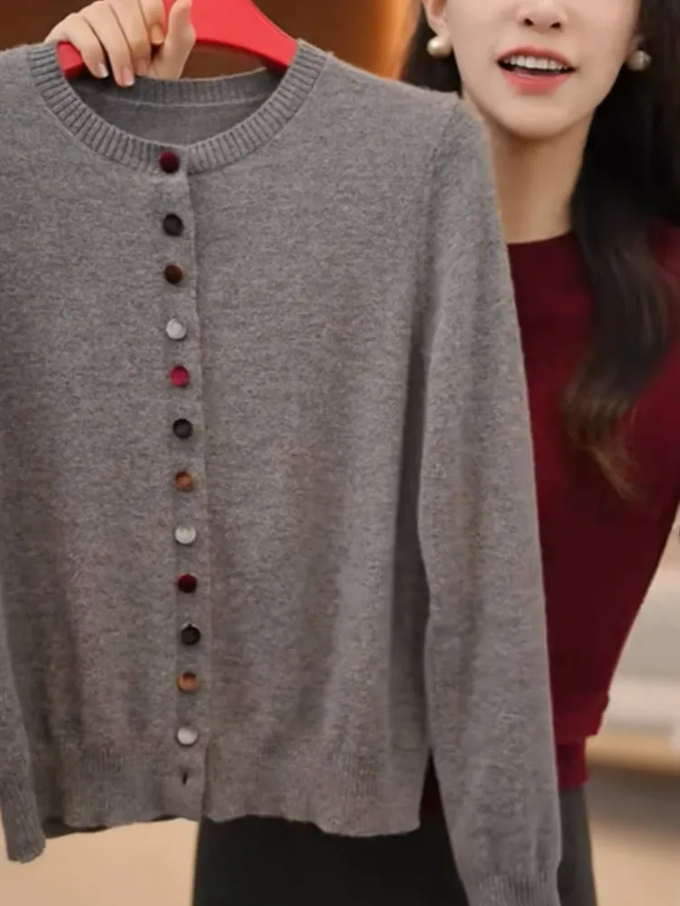 

Korean Sle round Ne Color Button Design Knitted Cardigan Long Sve Casual Ele Top Faionable Simple High-End Feel