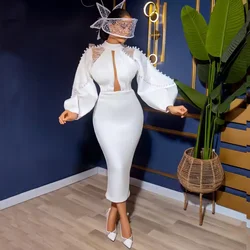 Civil Wedding Dresses for Bride High Collar Puff Long Sleeves Tea Length Bodycon Pleats Pearls Aso Ebi Bridal Gowns Customized