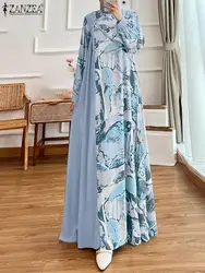 ZANZEA Women Fashion Printed Abaya Dress Muslim Islamic Patchwork Long Sleeve O Neck Long Robes Elegant Casual A-line Vestidos