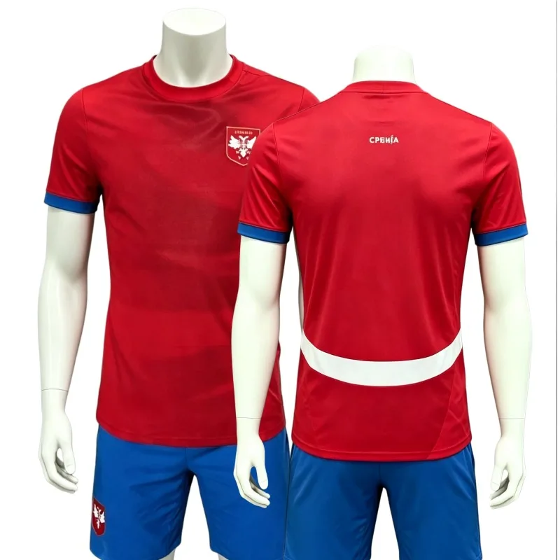 

Serbia National Team Football Jersey Set Men Serbia Soccer Shirt Shorts Kit Red Blue Breathable Sports Uniforms Fans Version
