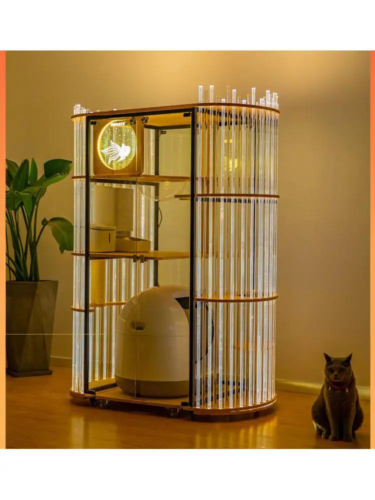 

Panoramic Solid Wood Cat Villa, 360 ° Transparent Glass Cat House, Cat Cage, Can Put Smart Cat Litter Box, Cat Cabinet