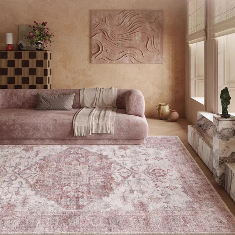 

Pink Vintage Living Room Carpet Nordic Style Light Luxury Art Bedroom Rug Machine Washable Foldable Non-slip Coffee Table Mat 러그