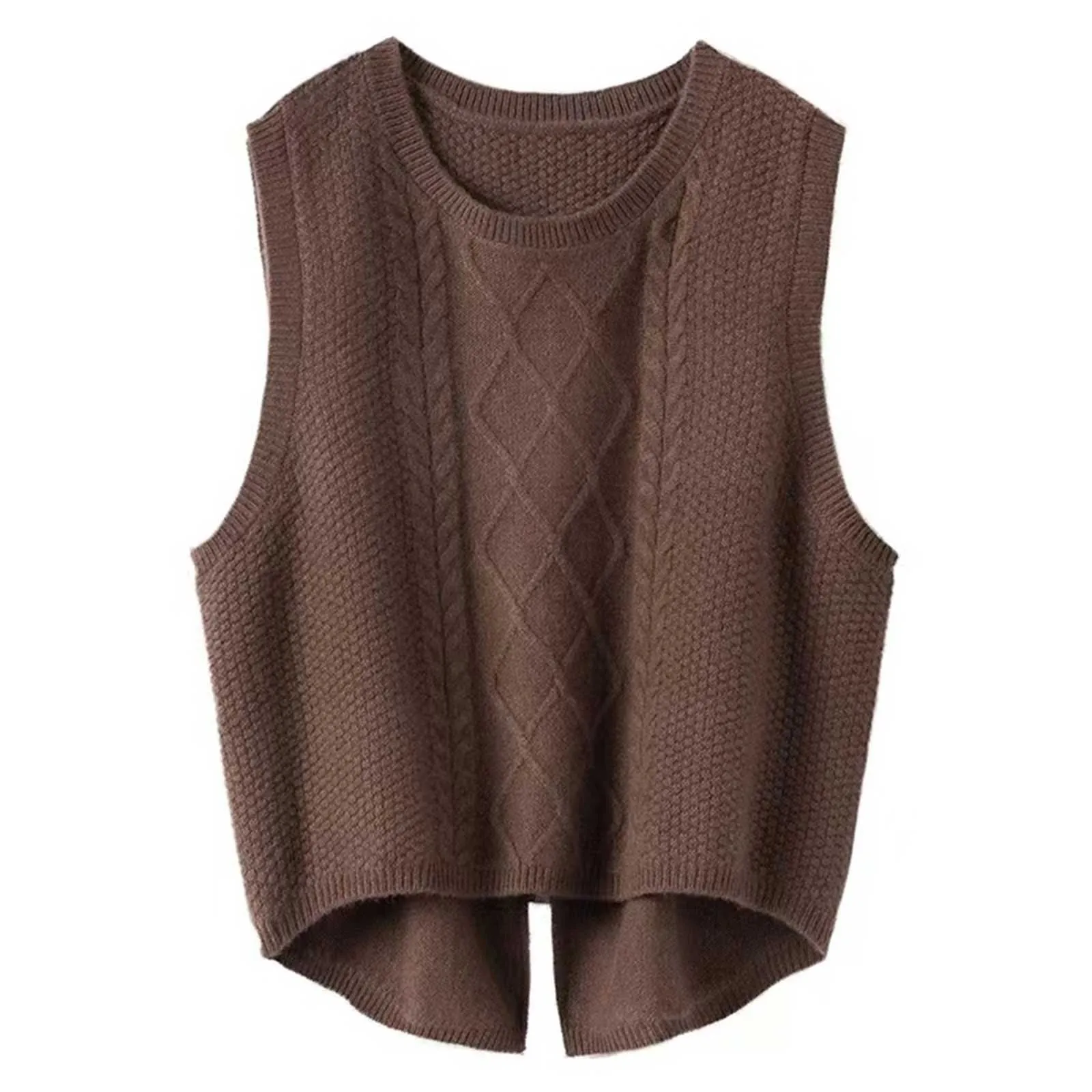 New Women\'s 100% Pure Wool Round Neck Vest Chic Tuxedo Vest Autumn And Winter Sleeveless Vest Loose Short Split Knit Sweater