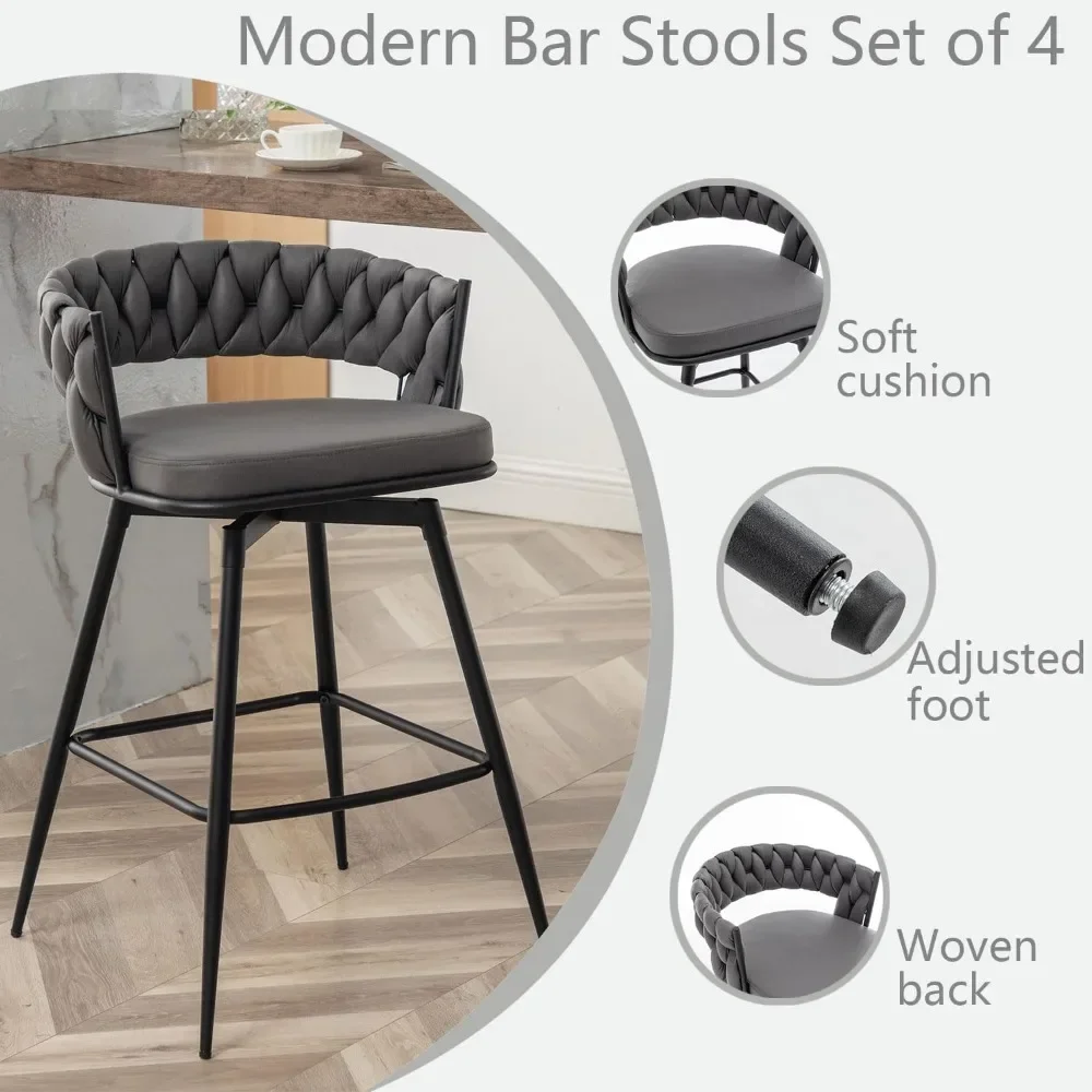 Counter Height Bar Stools, 26 inch Modern Bar Chairs with Woven Back, 360° Swivel Bar Stools for Kitchen Island