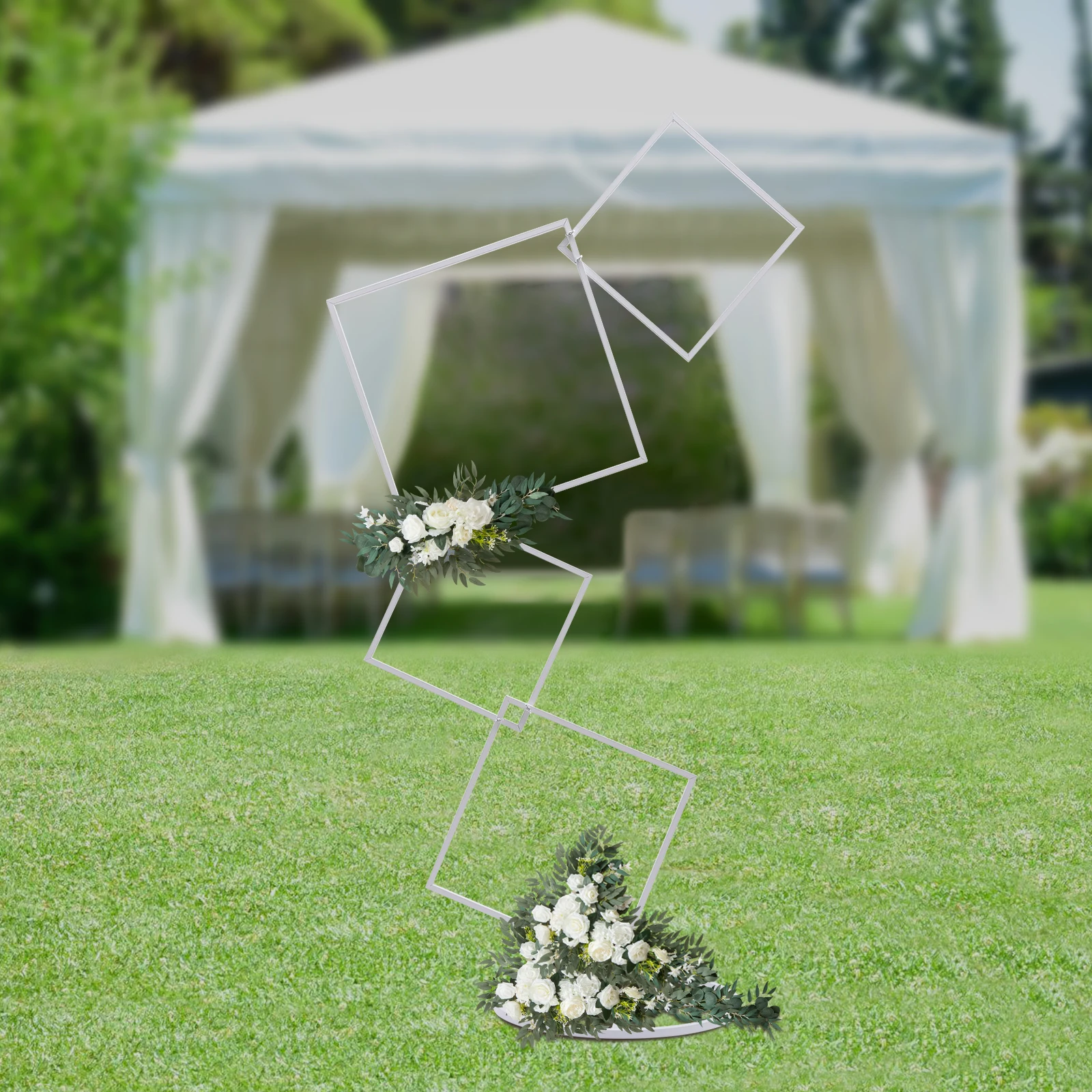 

Wedding White Metal 4-Tier Detachable Square Frame Backdrop Stand, Aisle, Table & Stage Decor, Flower Not Included