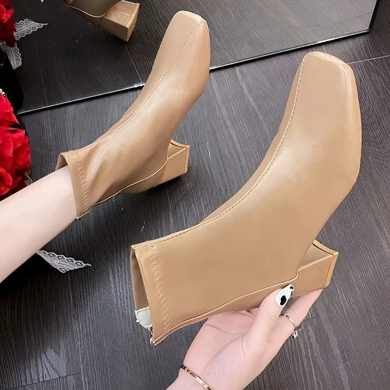 Classic New Autumn Women Ankle Boots Fashion Female Mid Thick Heels Elegant Lady White Black Apricot Square Toe Zip Shoes Matte