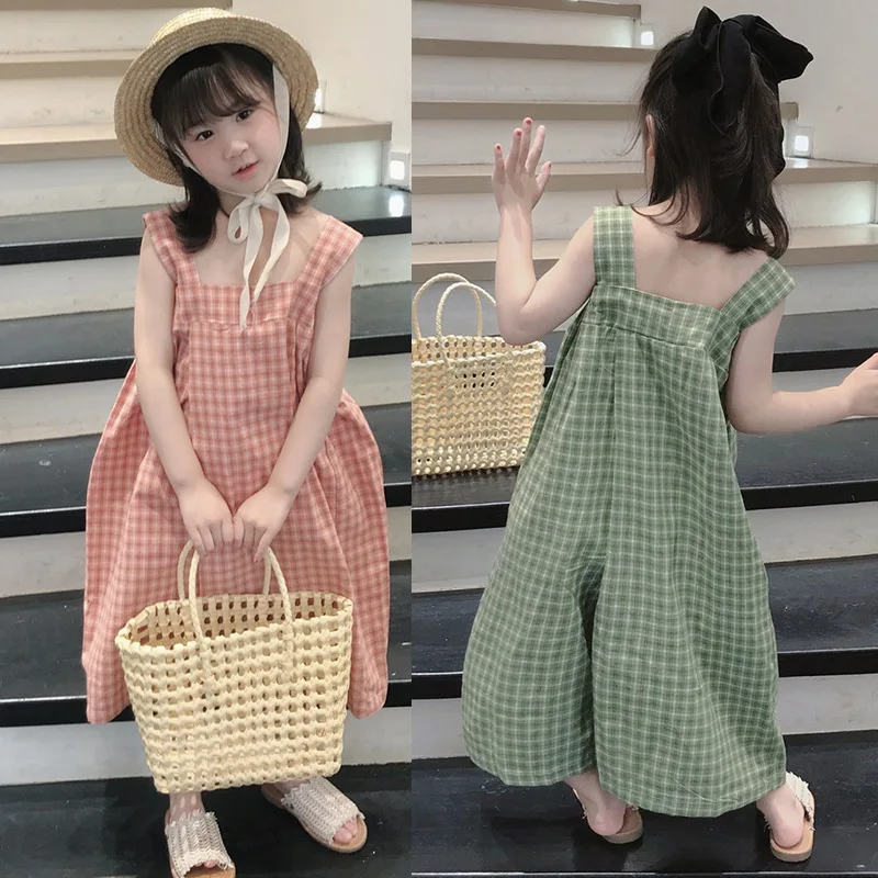 3-8T Girls Summer Jumpsuit Sweet Jumpsuits Plaid Sling Square Collar Overall Fashion Wide Leg Pants Baby Kids Clothes Streetwear