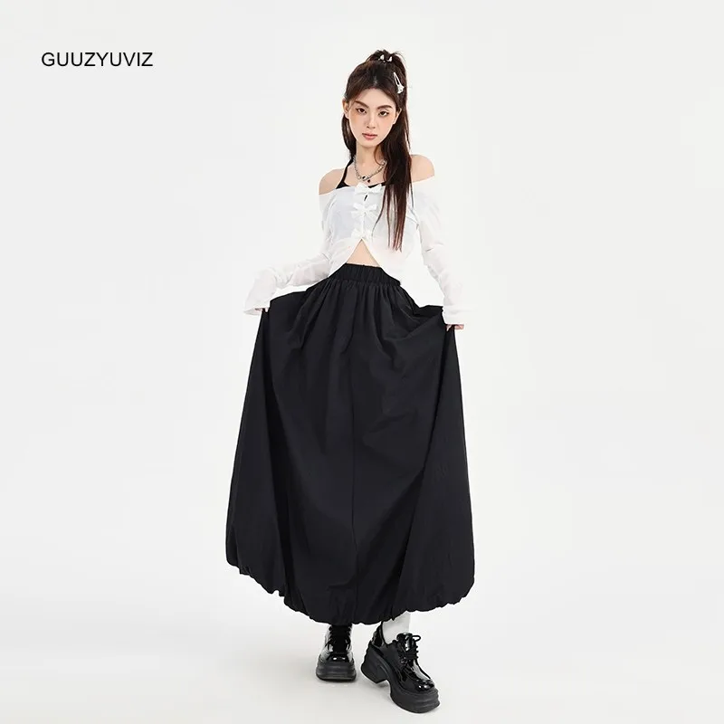 

GUUZYUVIZ Black A-line Covering Crotch Shows Thin Flower Bud Fluffy Umbrella Skirt Women