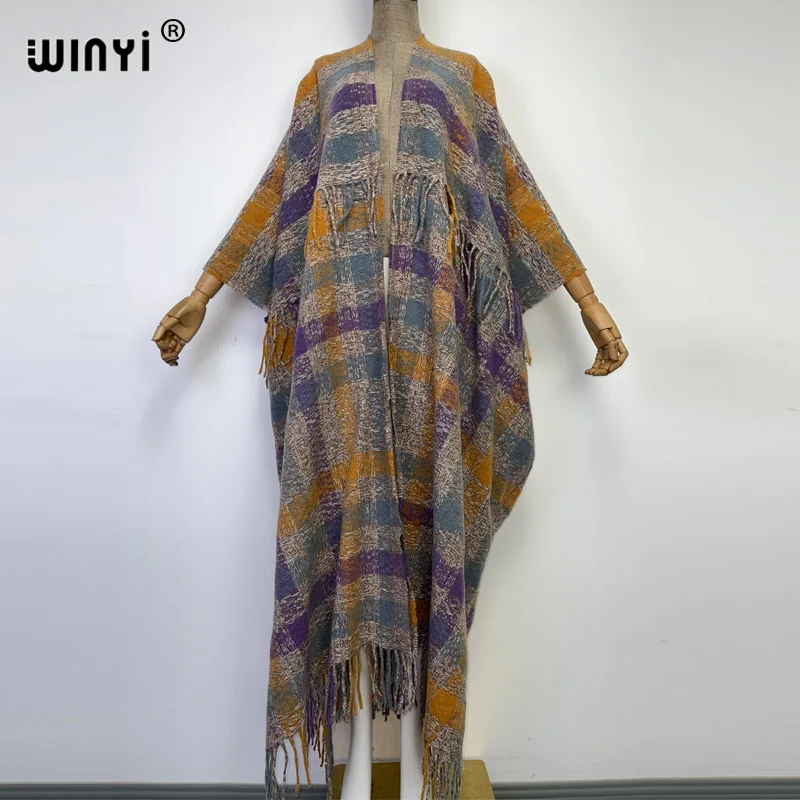 

WINYI Winter Women High Quality Plaid printing tassels Luxury Long Fur Coat Loose OverCoat Thick Warm Female elegant Coats