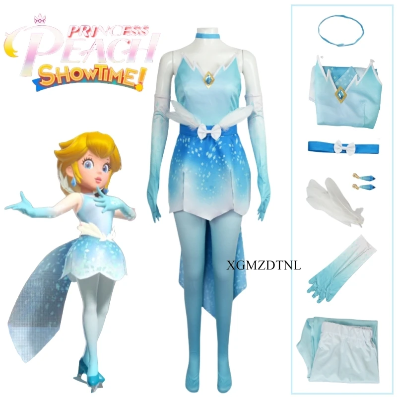 

Game Showtime Peach Princess Cosplay Costume Blue Dress for Woman Girls Snow Peach Halloween Role Play Party Adult Children Suit