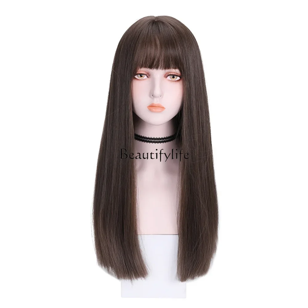 Long hair full head cover natural black daily long straight hair air bangs whole top matte silk