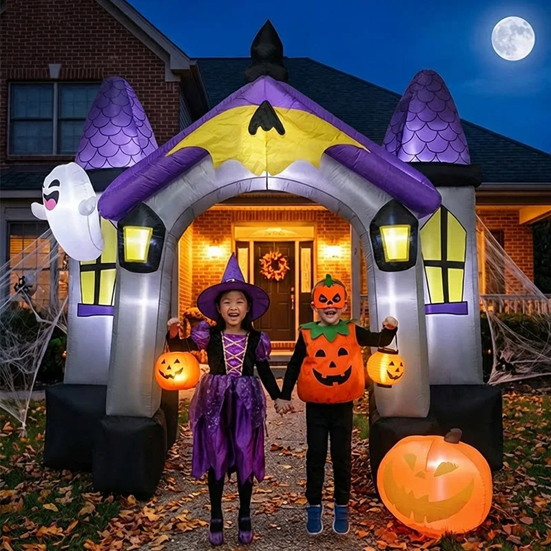 2.4M Giant Halloween Inflatable Haunted House Castle Arch LED Lights Pumpkin