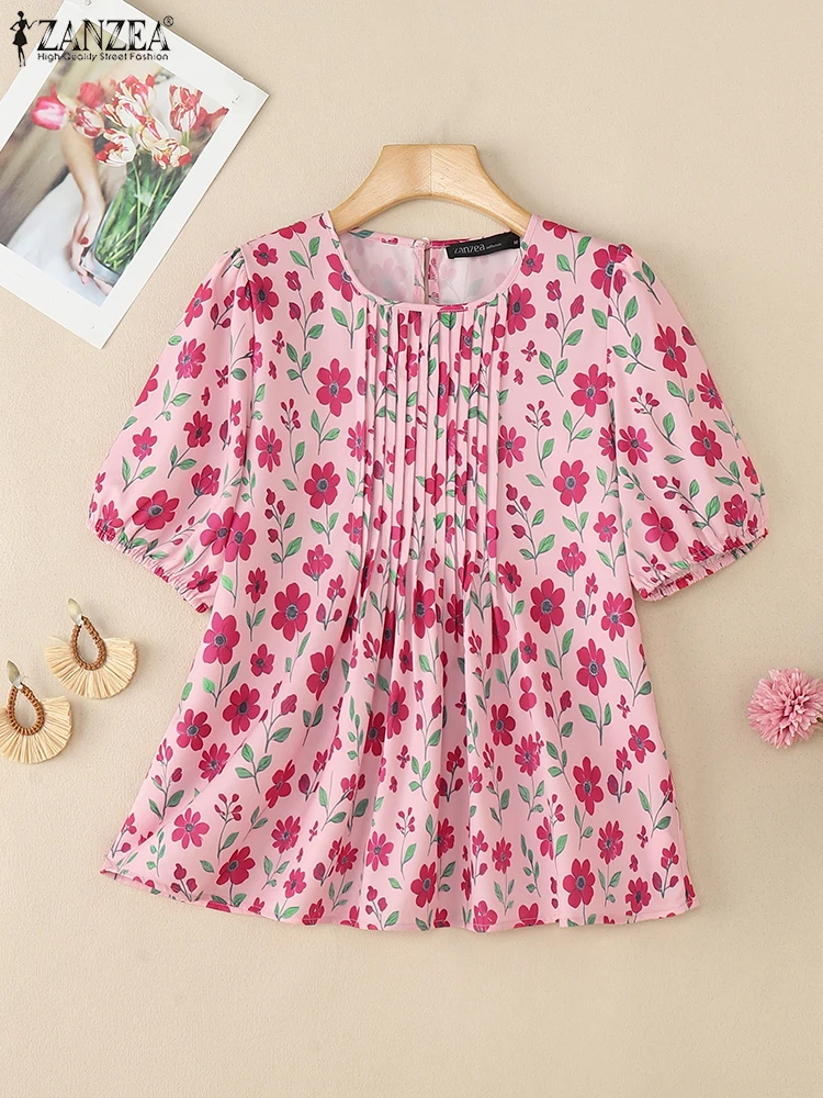 Verano bohemain camisa de vacaciones ZANZEA mujeres Blusas con estampado Floral Casual cuello redondo manga corta Tops Mujer Blusas sueltas Chemise