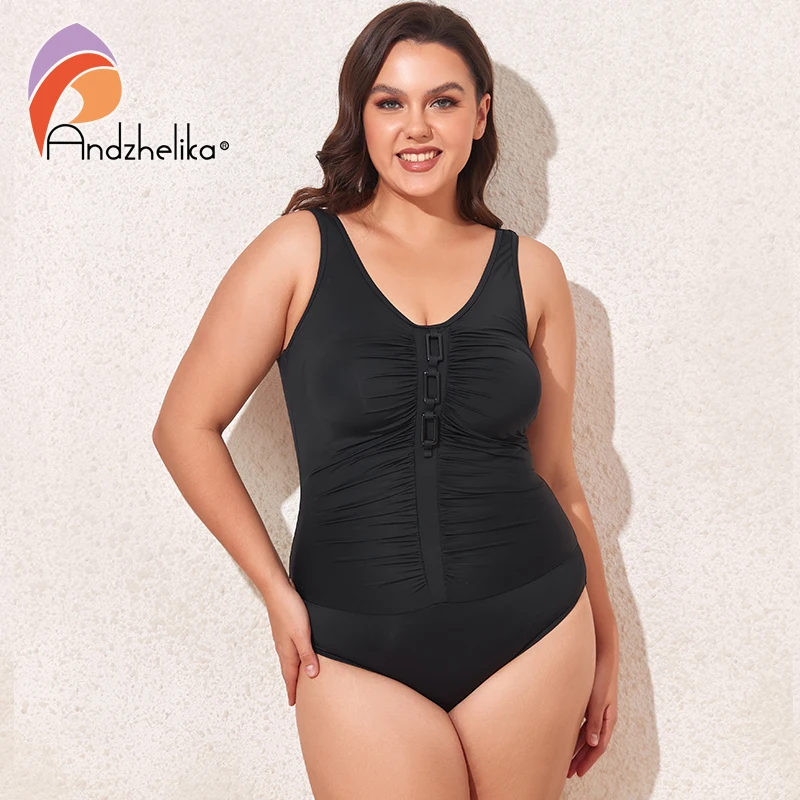 Andzhelika Solid One Piece Swimsuit For Women Monokini Bathing Suits Summer Beach Folds Occlude Abdomen Plus Size Swimwear