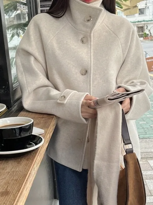 Korean Sle Winter Faion High Collar Briti Sle Loose Versatile Single Button Woolen Jaet Coat Women's Clothing