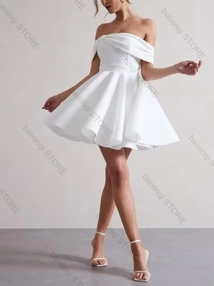 White Color Satin Simple Sex Appeal Women Evening Dress Strapless Lace Up Short Skirt Suit Special Occasions Prom Party Birthday