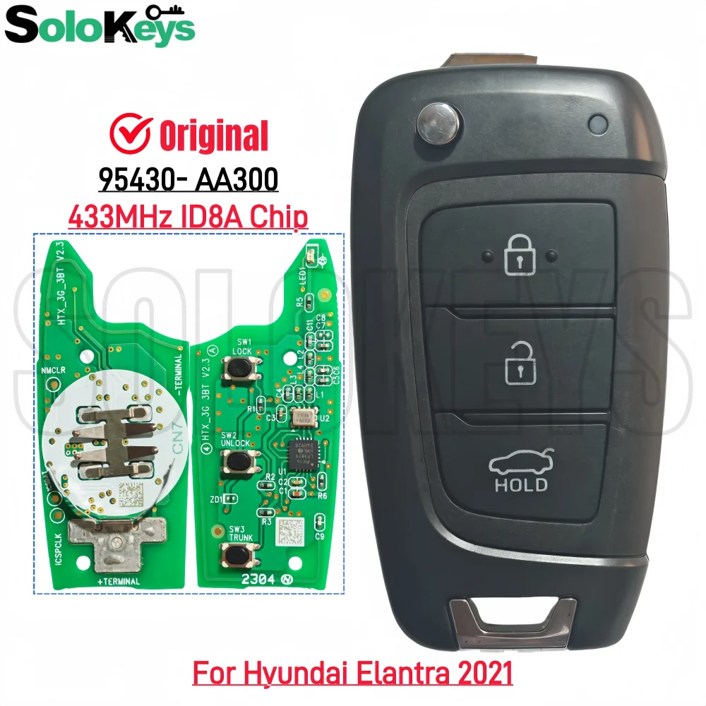 

SOLOKEYS 95430-AA300 433MHz ID8A Chip For HYUNDAI Kona 2021 Original PCB boar Fold Remote Control Key With Logo Sticker