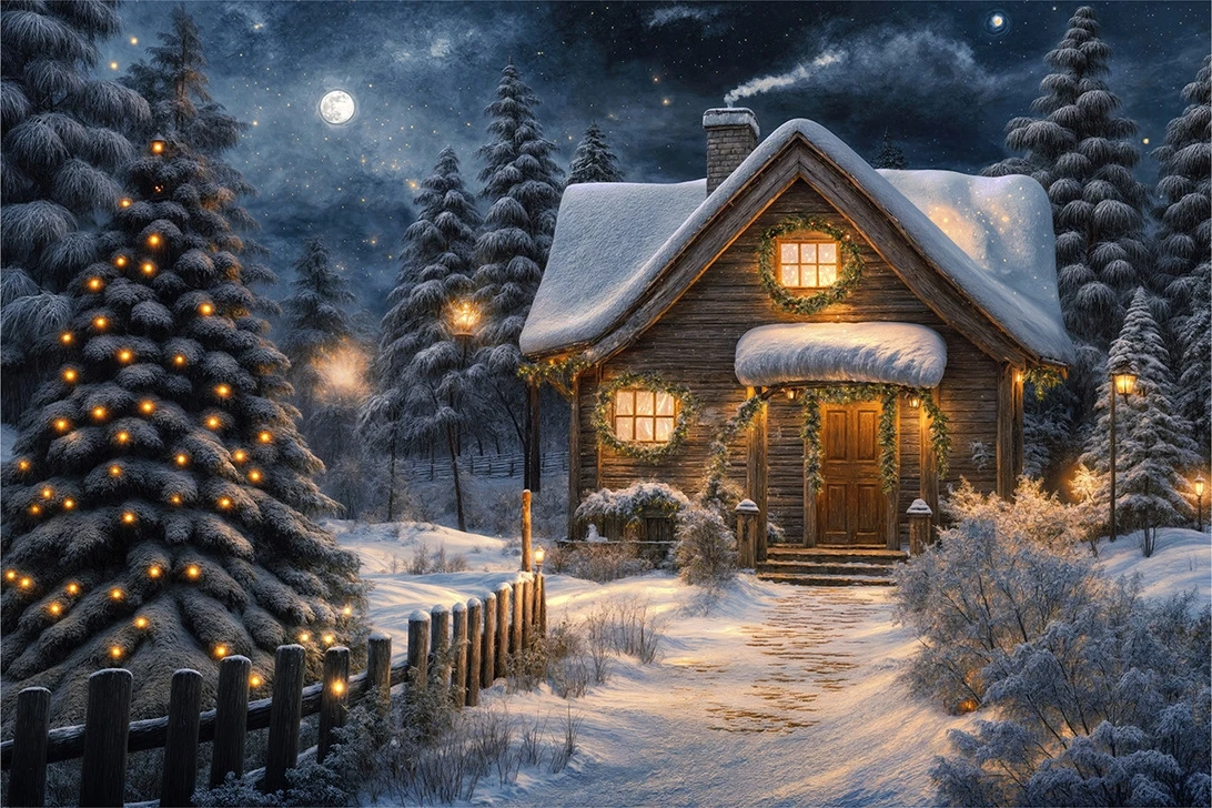 Winter Wunderland Gartenszene Cottage Baum Schnee Dorf Nachthimmel Mond Straße Kulissen malerische Fotografie Studio Hintergründe