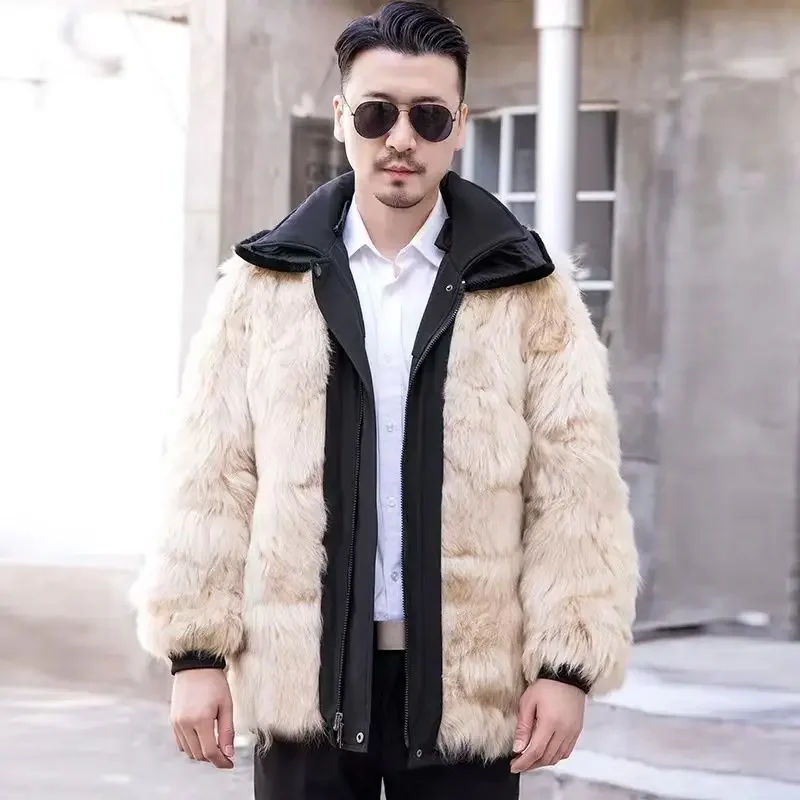 100% Wool Winter Men Fur Coat Fur One Liner Warm Thickened Sheepskin Cotton Coat Long Hair Coat Fur Collar Hooded