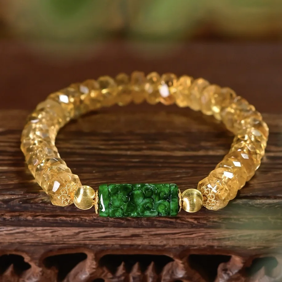 Natural Faceted Citrine Bracelet, Grade A Carved Jadeite Bead Gilded S925 Silver Women Wrist Jewelry