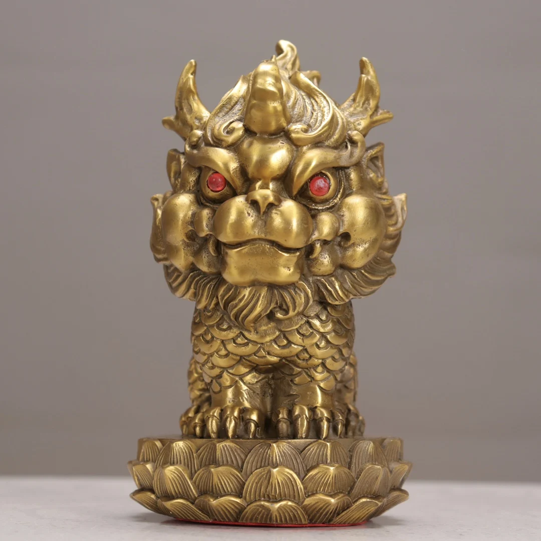7"Tibetan Temple Collection Old Brass Chinese Loong Statue Dragon Baby A Set Amass wealth Ornaments Town house Exorcism view 4