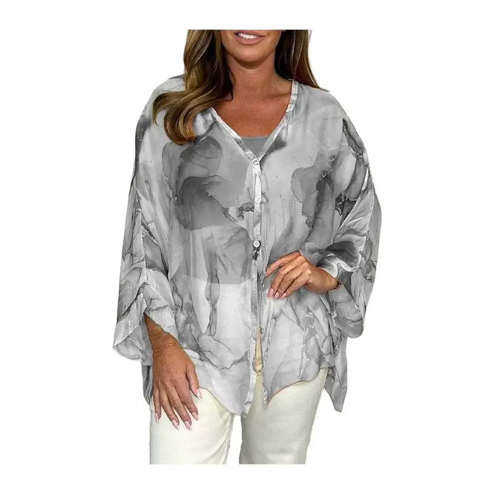 Women Shirt V-Neck Long Sleeve Loose Shirt Tops Single Breasted Print Chiffon Shirt