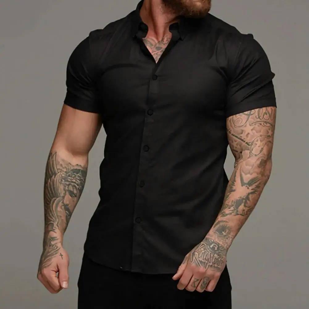 Summer Fashion Short Sleeve Shirt Men Solid Super Slim Fit Male Social Business Dress Shirt Brand Men Gym Fitness Sport Clothing